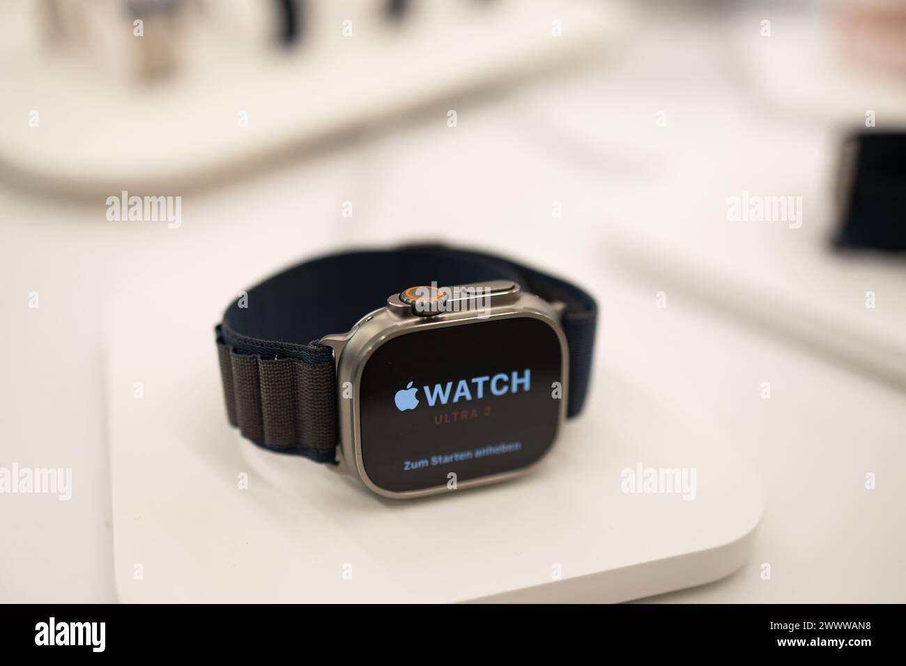A closeup shot of an Apple Watch Ultra on display at a store Stock Photo