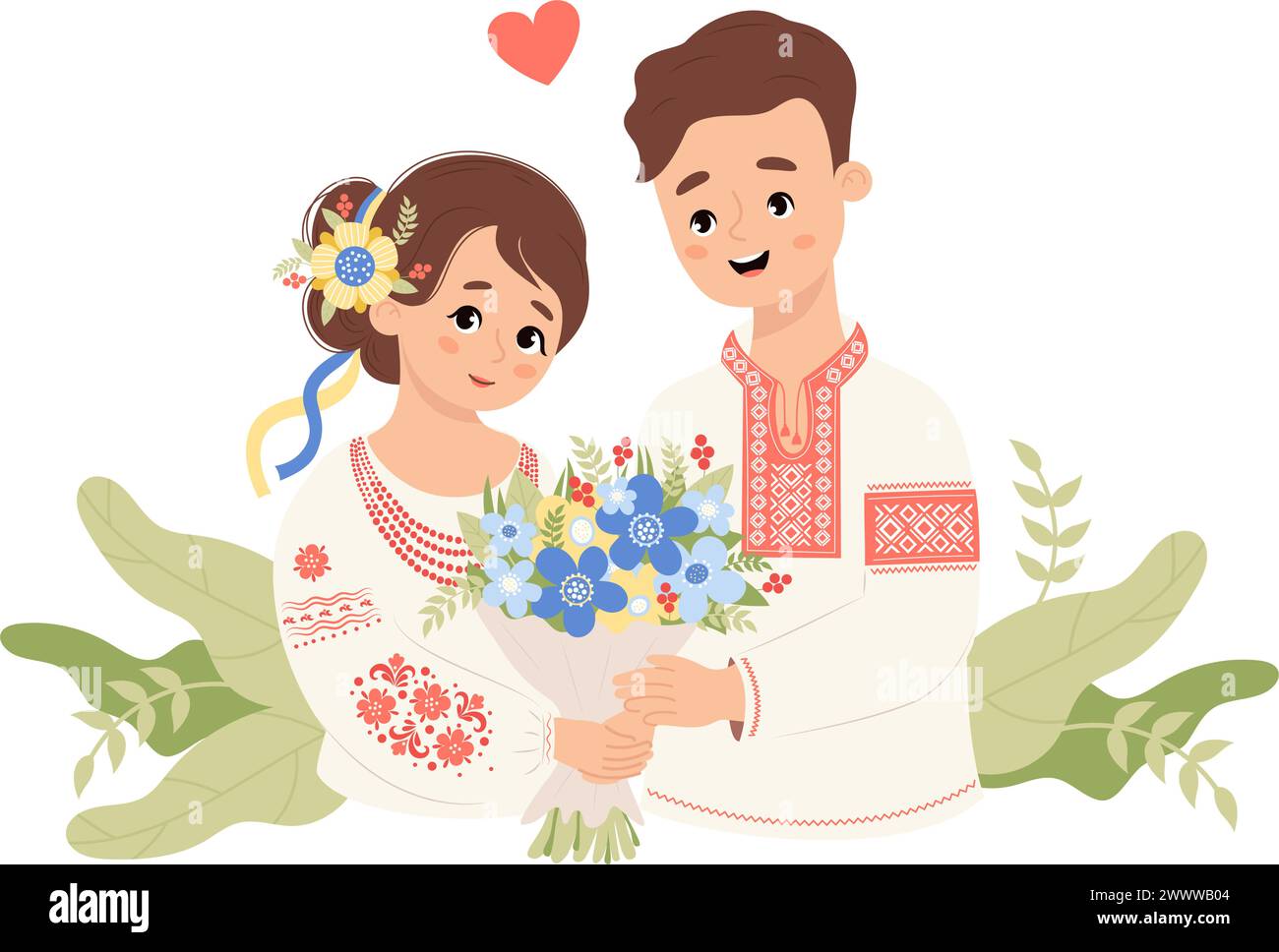 Happy Ukrainian enamored couple. Cute man and woman in traditional embroidered clothes with bouquet flowers. Vector illustration in flat style for hol Stock Vector