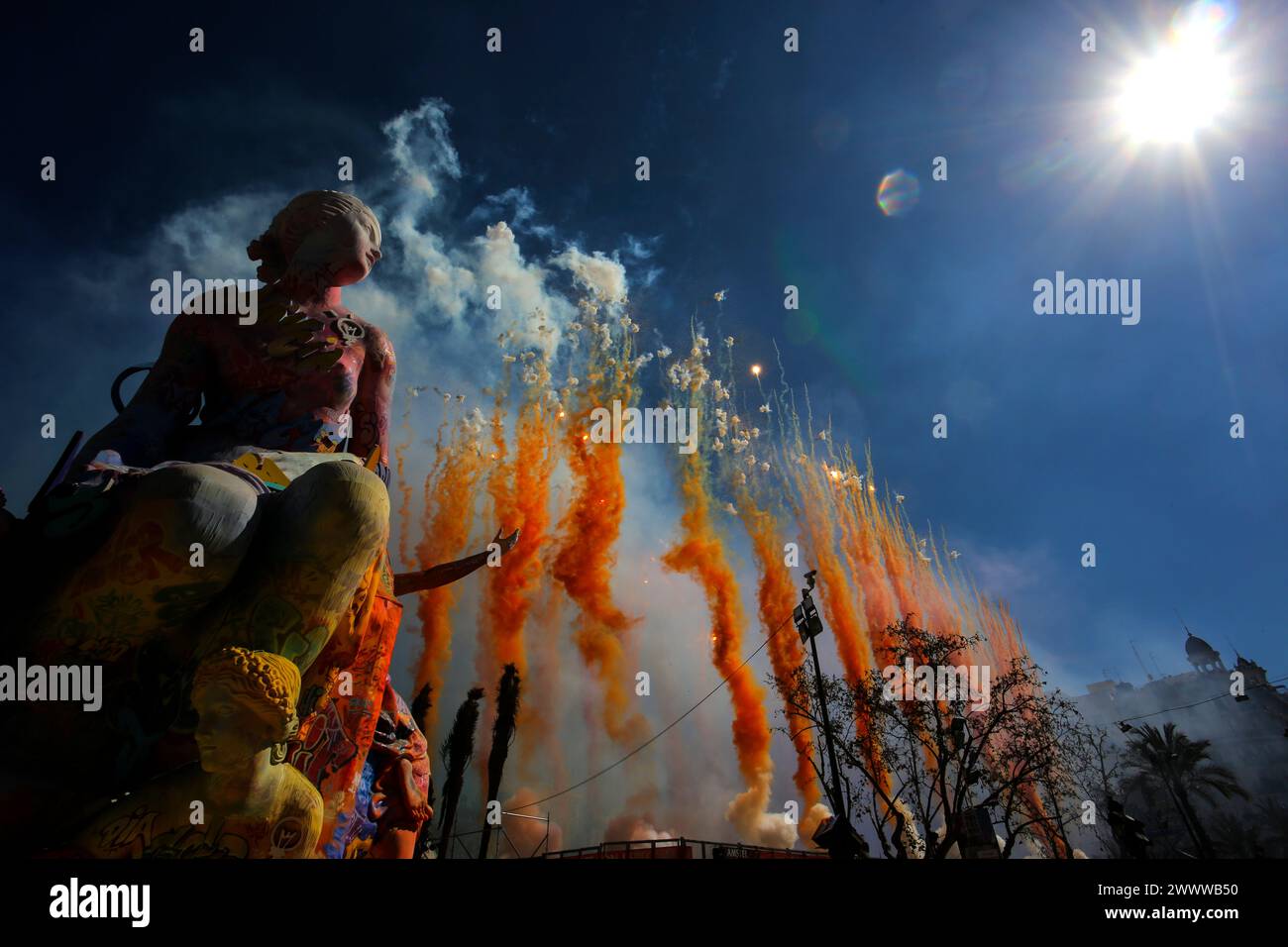Mascleta during las fallas in Valencia, colored fireworks Stock Photo