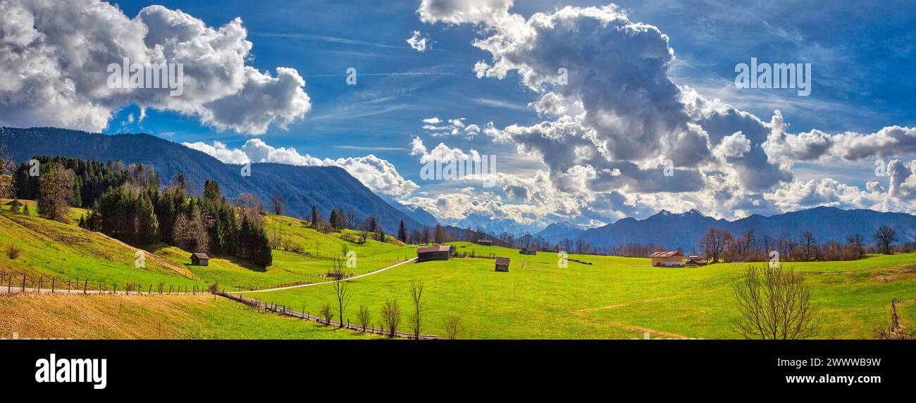 DE - BAVARIA: Panoramic view of the Murnauer Moos (Moor) at Ohlstadt Stock Photo