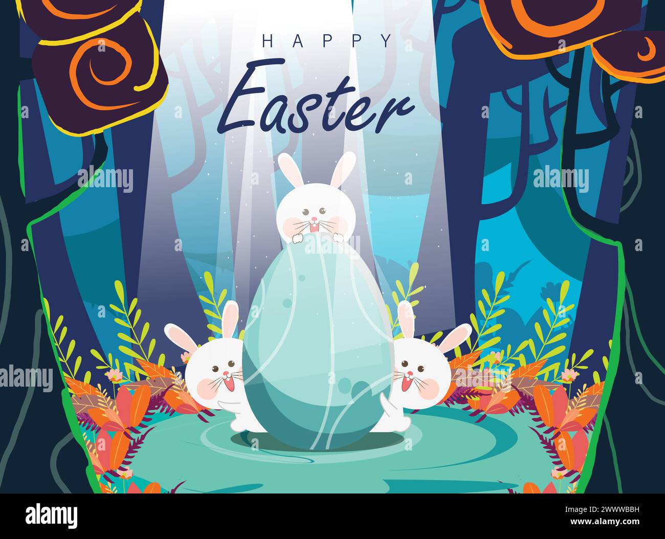 Happy Easter Day Design with Realistic Eggs and Cute Bunny in Pastel Color Background. Banner, web poster, flyer cover, stylish brochure, greeting car Stock Vector