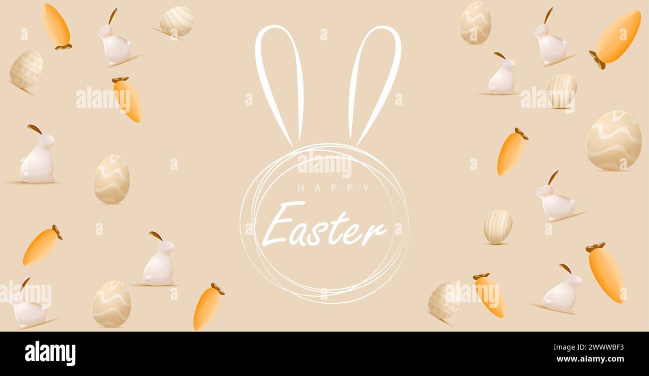 Happy Easter Day Design with Realistic Eggs and Cute Bunny in Pastel Color Background. Banner, web poster, flyer cover, stylish brochure, greeting car Stock Vector