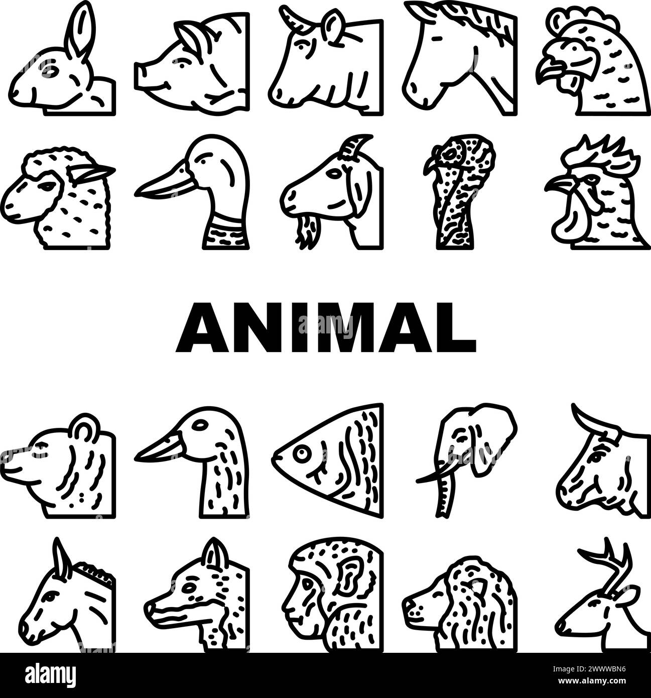 animal zoo pet face farm icons set vector Stock Vector