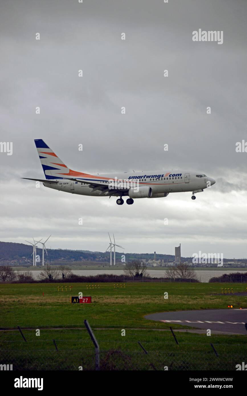 SMARTWINGS BOEING 737-700, OK-SWW, arriving at LIVERPOOL JOHN LENNON AIRPORT from PRAGUE Stock Photo