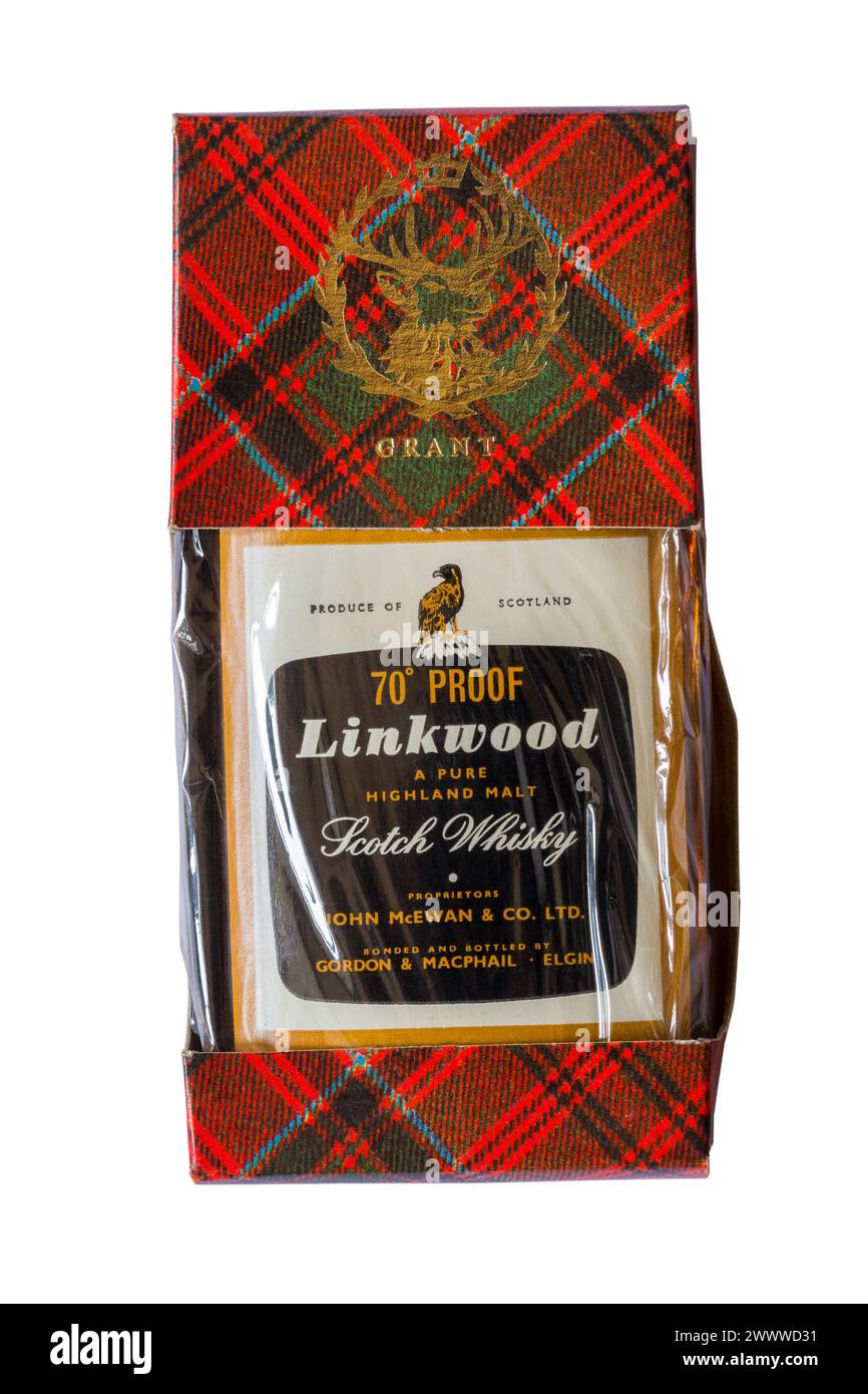 Old miniature bottle of Linkwood a pure Highland Scotch Whisky 70° proof Produce of Scotland in tartan box isolated on white background Stock Photo