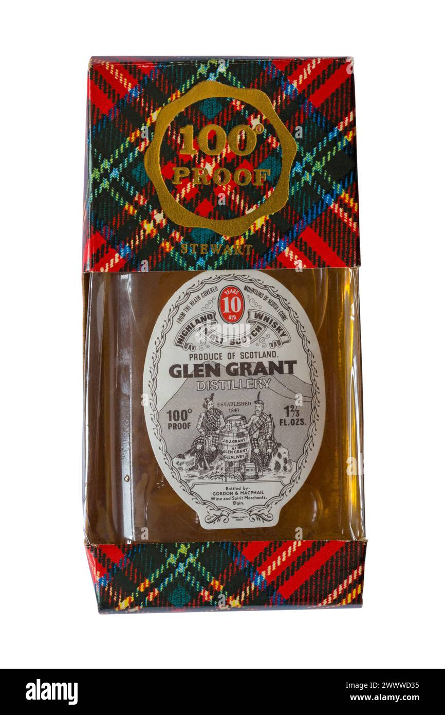 Old miniature bottle of Glen Grant Distillery Highland Malt Scotch Whisky 10 years old 100° proof Product of Scotland in tartan box isolated on white Stock Photo