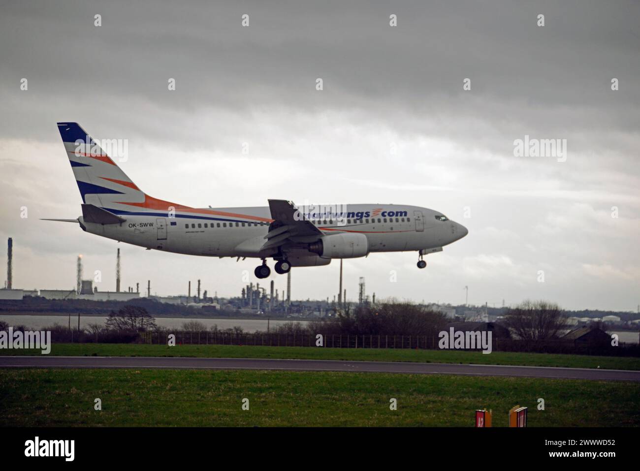 SMARTWINGS BOEING 737-700, OK-SWW, arriving at LIVERPOOL JOHN LENNON AIRPORT from PRAGUE Stock Photo