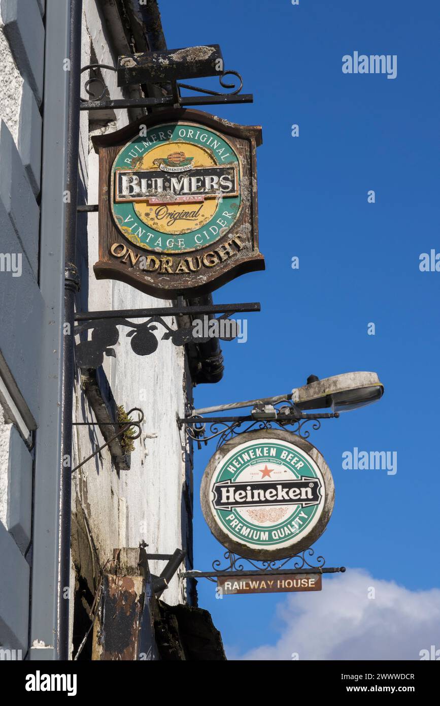 Bulmers and Heineken signs on old public house, Rathdrum, Co. Wicklow, Ireland Stock Photo