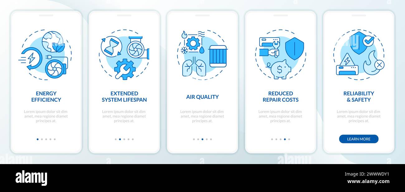 Benefits of HVAC maintenance blue onboarding mobile app screen Stock ...