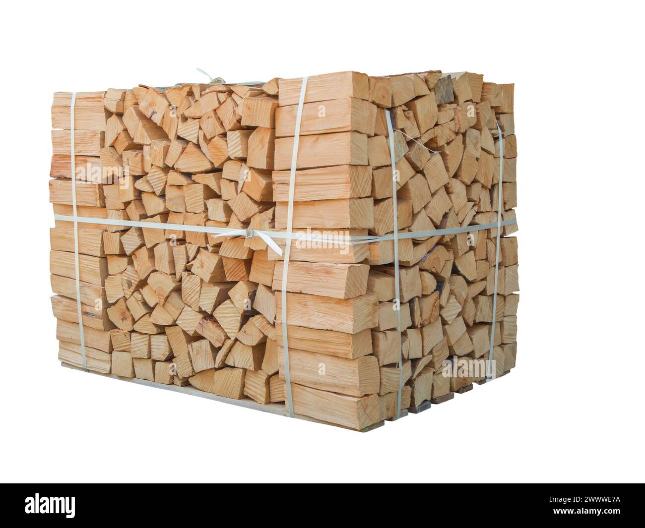 Stacked firewood lashed on a pallet isolated on white Stock Photo - Alamy