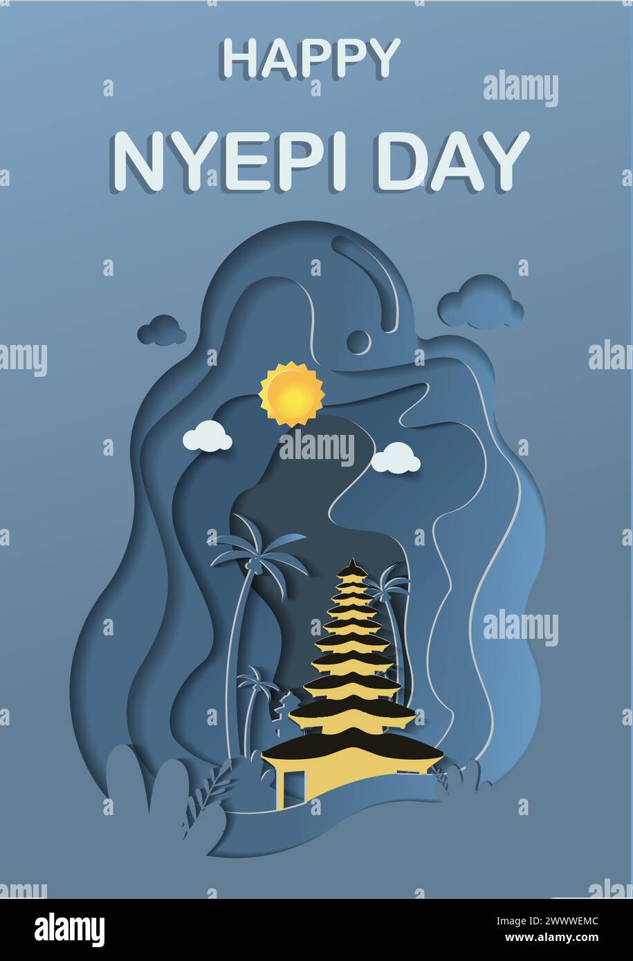 Translation : Happy Nyepi Day. Happy Bali's Day of Silence and Hindu New Year Vector Illustration, Nyepi Day and Hari Raya Saka, Hindu Ceremony Stock Vector