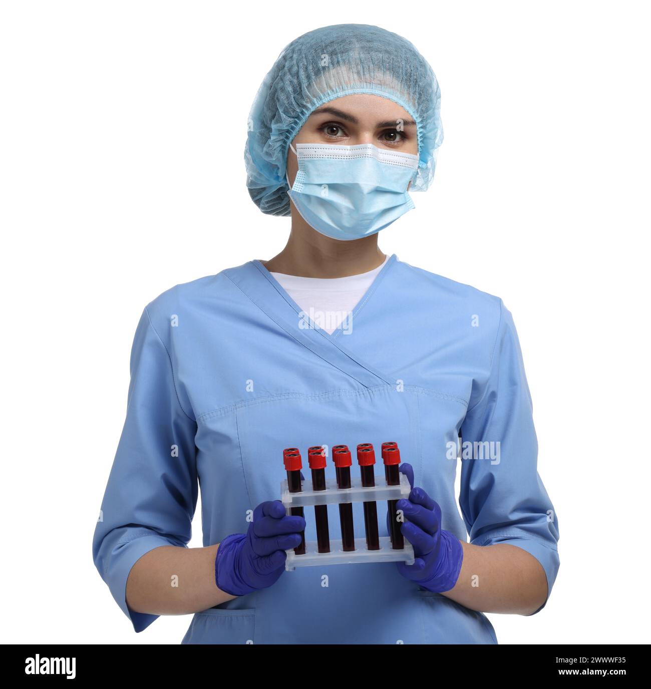 Laboratory testing. Doctor with blood samples in tubes on white ...