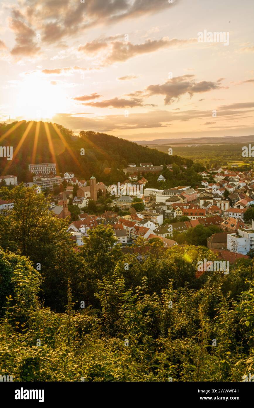 The sun setting over the city of Landstuhl Germany Nanstein Castle Area Stock Photo
