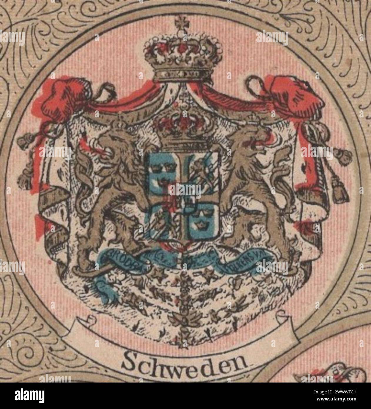 rare antique mid 19th century ( 1850s-1860s) lithograph picture about  coat of arms of Sweden in german language / antike lithographie wappen von Schweden Stock Photo