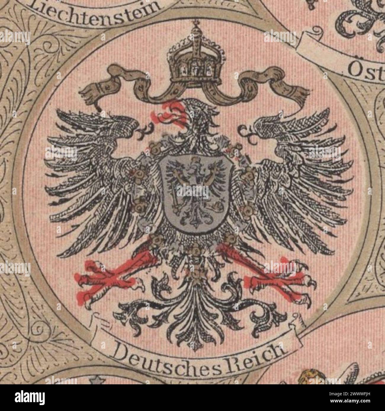 rare antique mid 19th century ( 1850s-1860s) lithograph picture about  coat of arms of German Empire in german language / antike lithographie wappen von Deutsches Reich Stock Photo