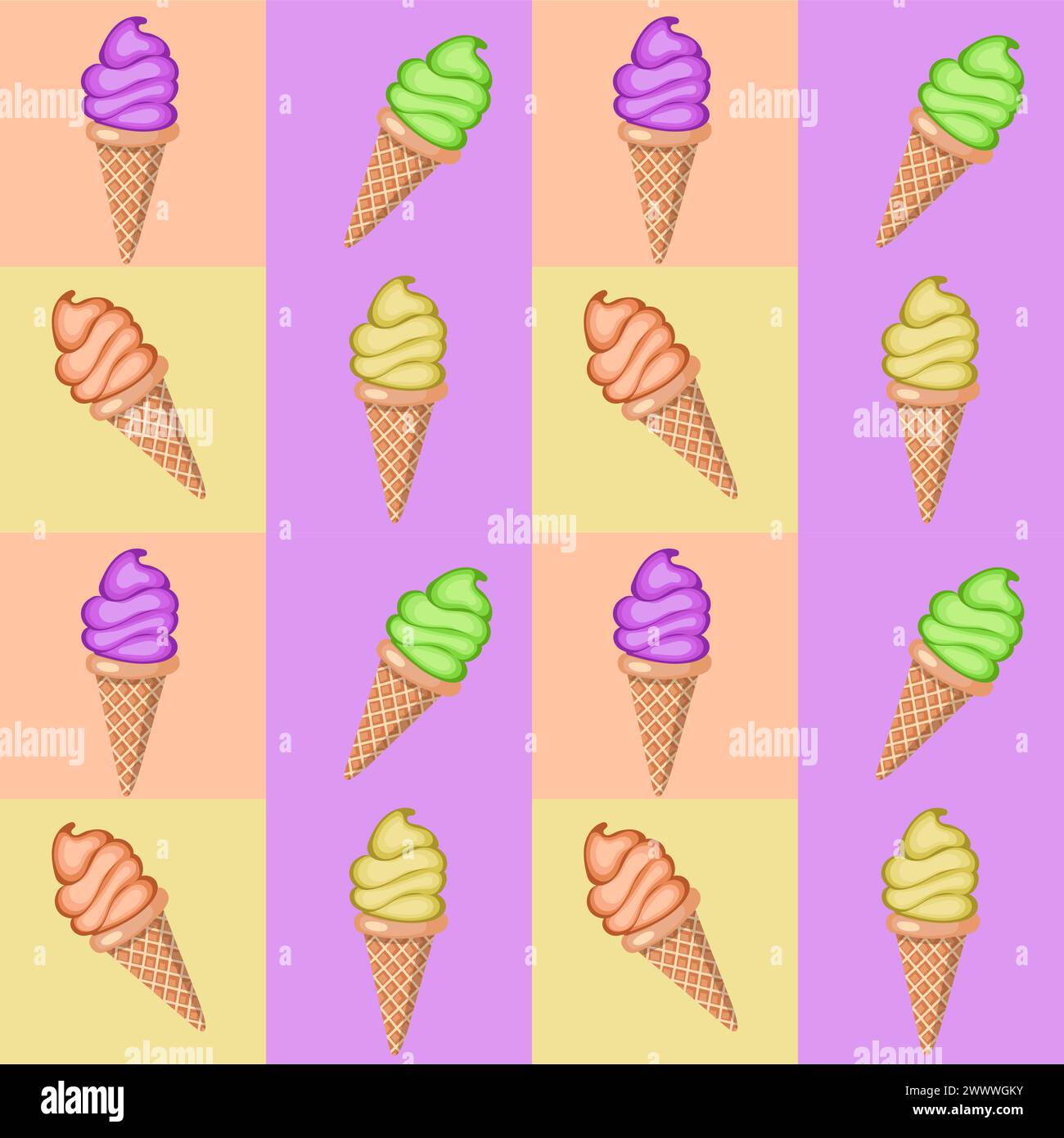 Multi-colored fruit ice cream in waffle cones. Seamless pattern. Vector ...