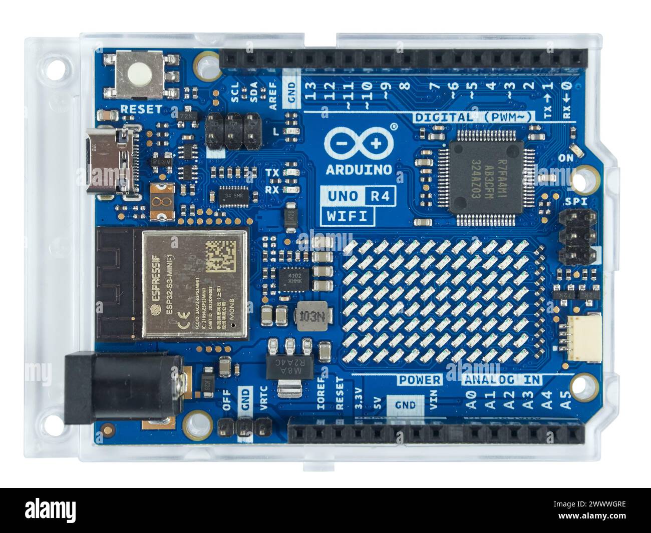 Bucharest, Romania - 03 19 2024: Arduino Uno R4 is a development board based on RA4M1 microprocessor from Renesas and ESP32 from Espressif, in the sam Stock Photo