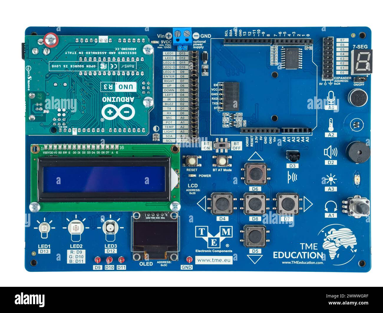 Bucharest, Romania - 03 19 2024: TME-EDU-ARD-2 is a development board compatible with Arduino Uno and is ideal for the first steps in learning microco Stock Photo