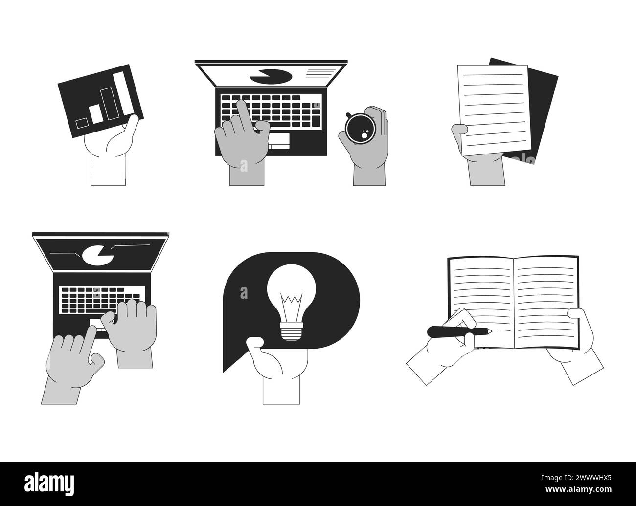 Small business activities cartoon human hands outline illustration set ...