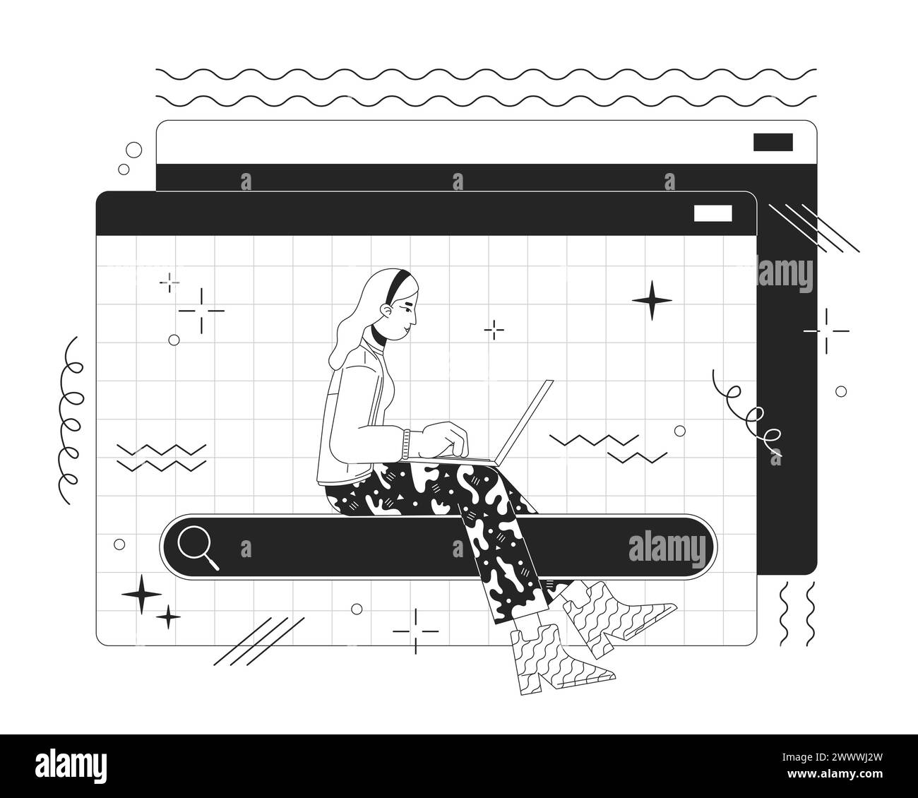 Seeking data online 2D linear illustration concept Stock Vector
