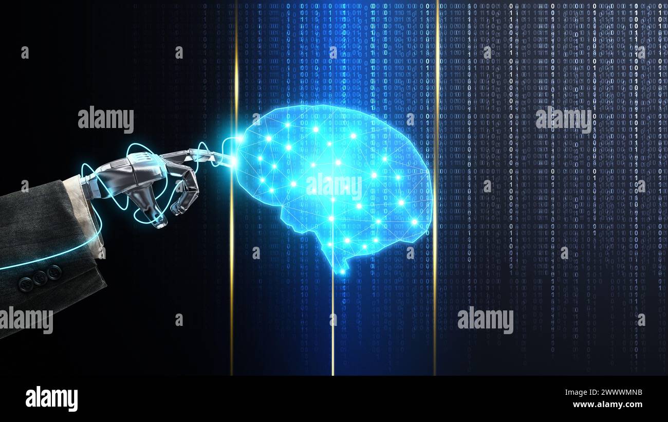 The robotic hand touches the virtual brain on a digital background ...