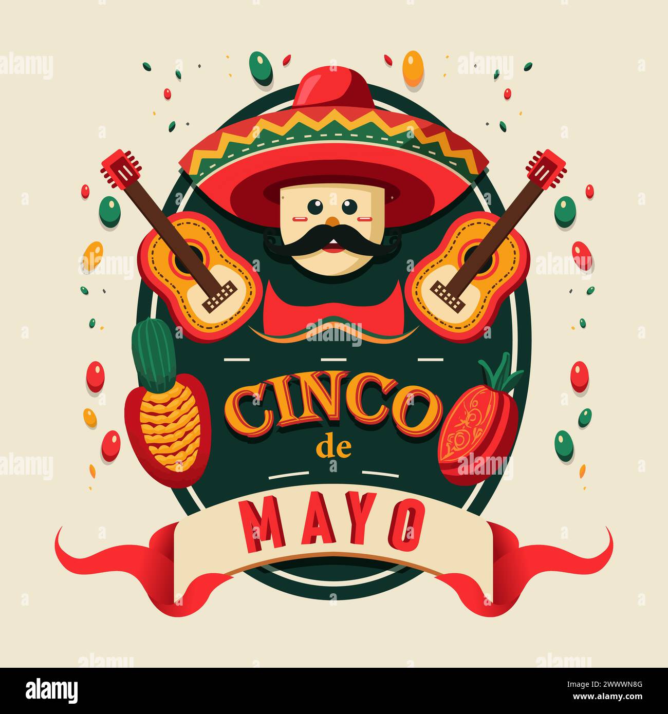 Cinco de Mayo Means 5 Mei, a festival in Mexico. A Cactus Character Playing Guitar Wearing Sombrero Hat Vector Illustration Stock Vector