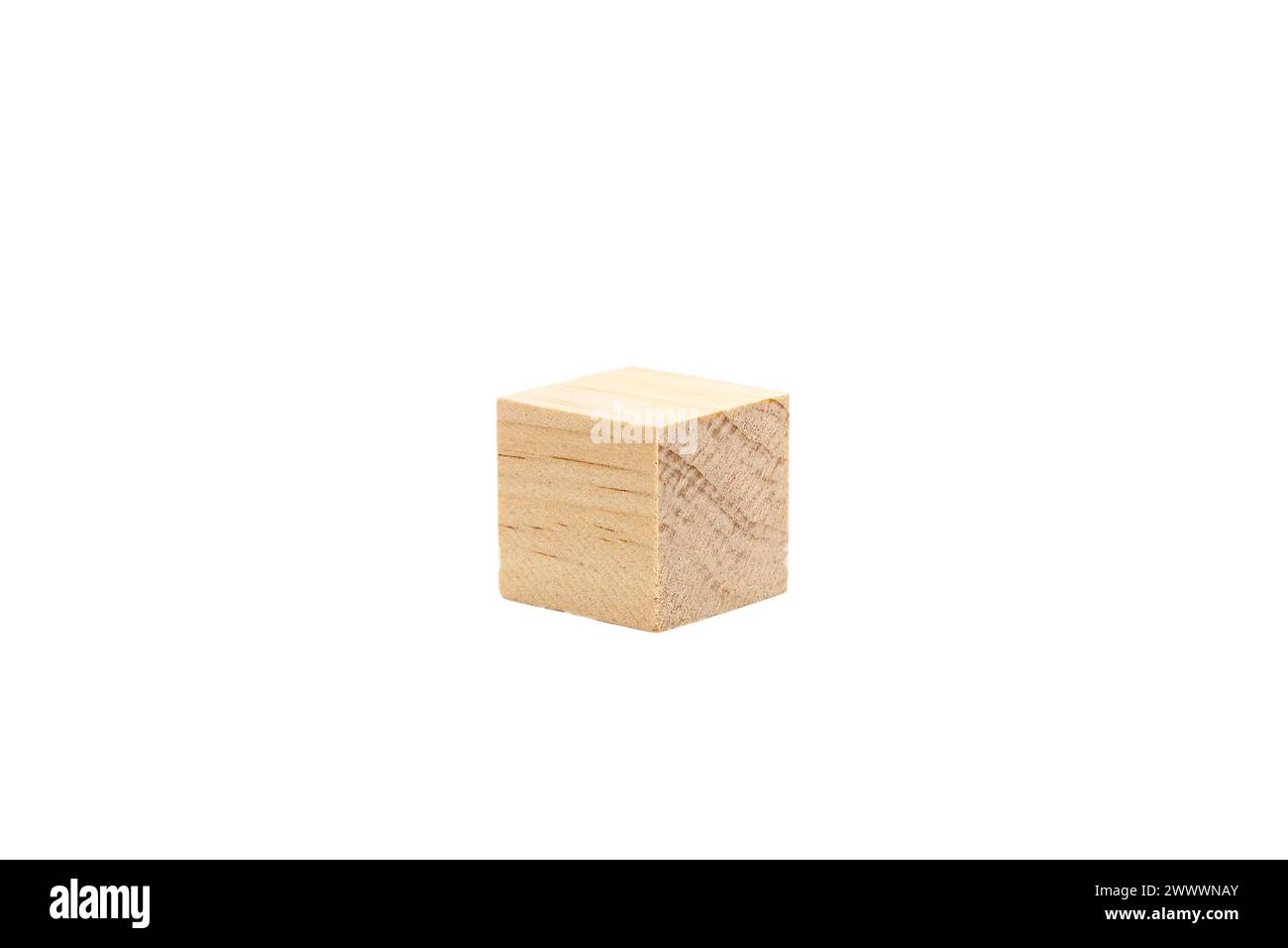 A plain wooden cube isolated on a white backdrop. Stock Photo