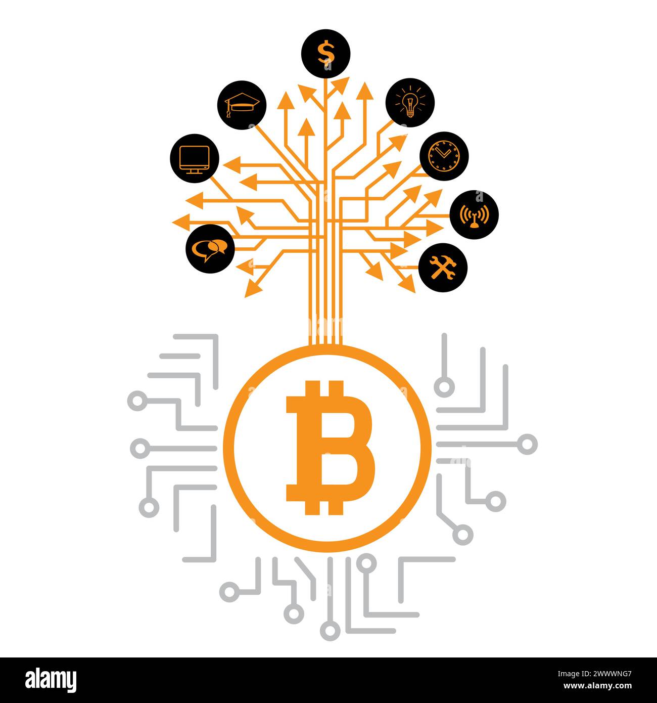 grow bitcoin crypto tree on CPU computer chip Stock Vector
