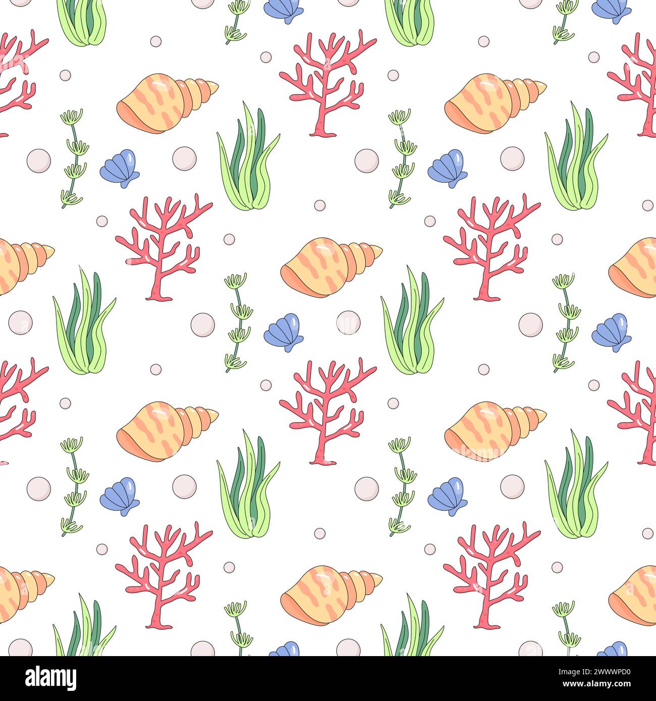 Summer seamless pattern, sea world, seaweed, seashells, children vector ...