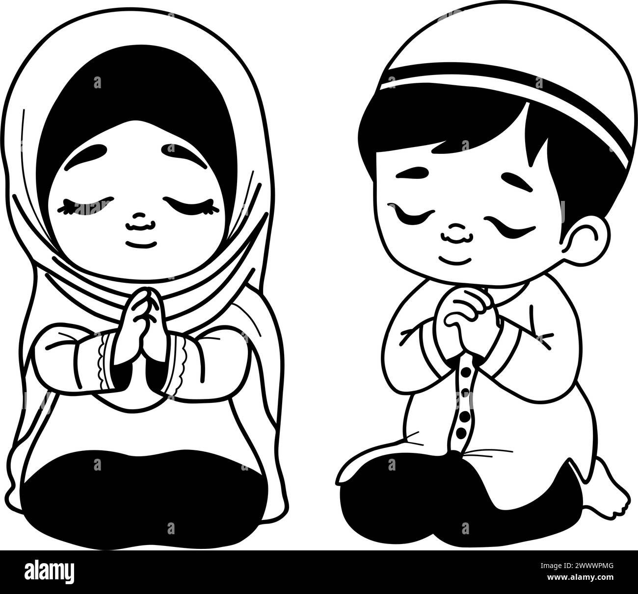 Cute praying muslim children. Religious traditional ethnic believer little girl and boy character. Vector illustration. Isolated hand drawings. Kids c Stock Vector