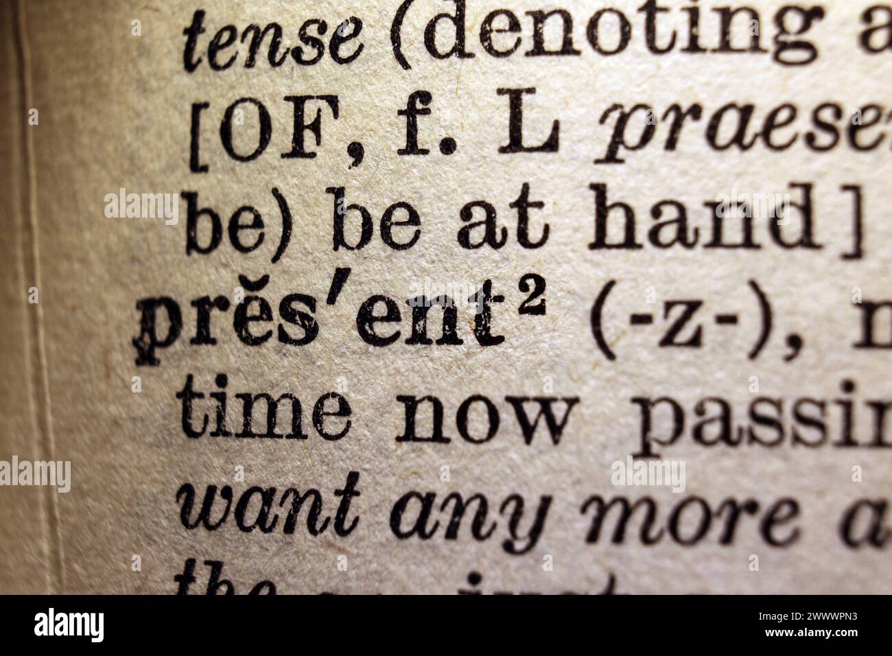 Word present on dictionary page, macro close-up Stock Photo