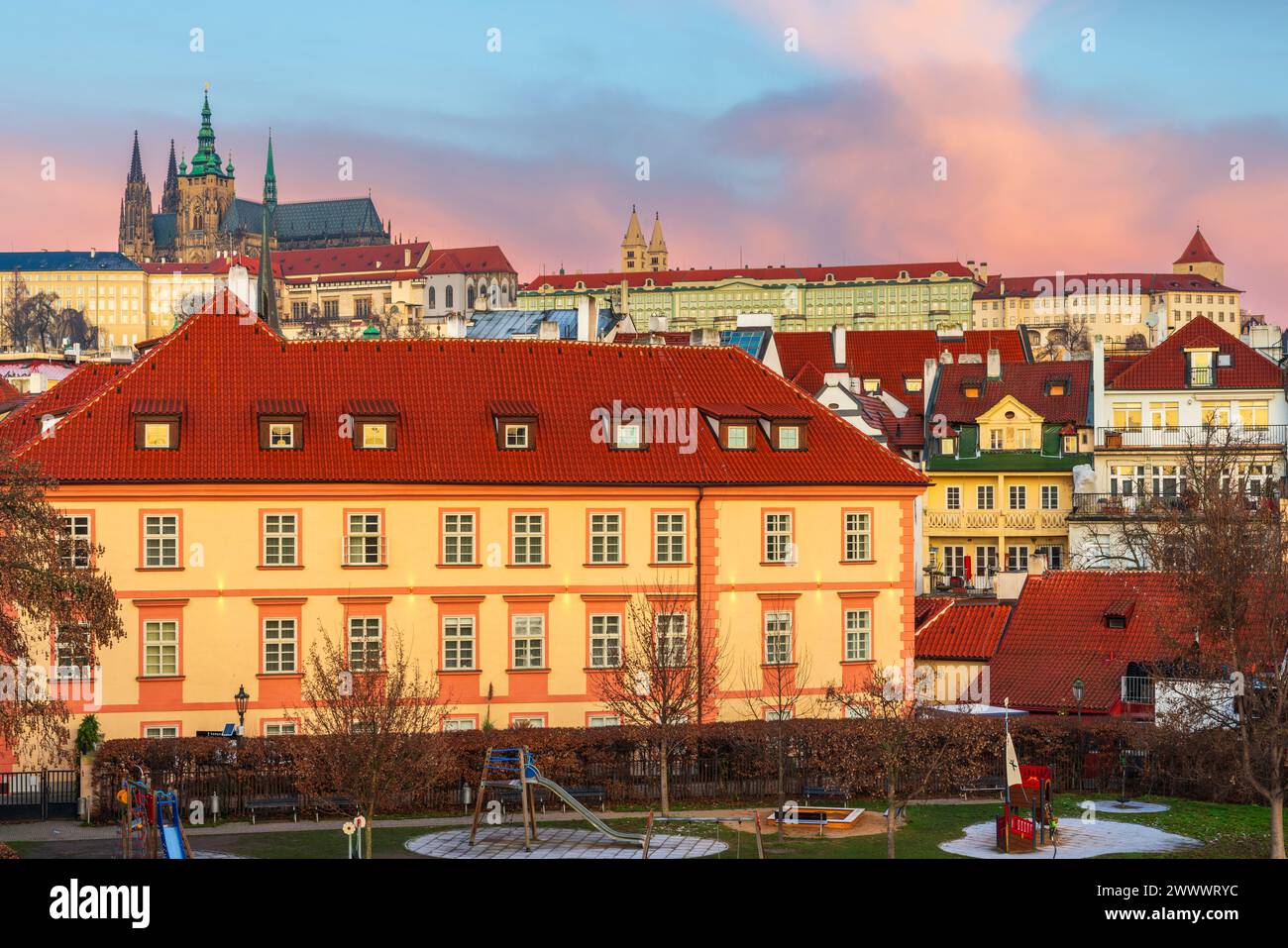 Lobkowicz Palace and St. Vitus Cathedral seen from Charles Bridge, Karluv Most, Prague, Czech Republic Stock Photo