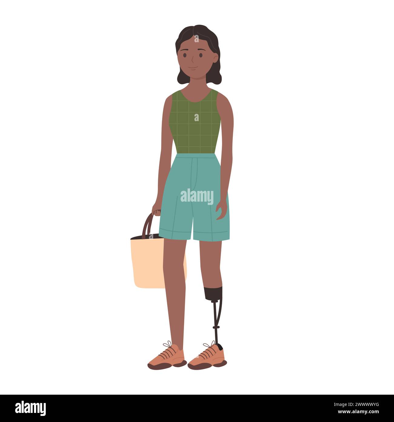 Woman with leg prosthesis. Disabled people, health rehabilitation cartoon vector illustration Stock Vector