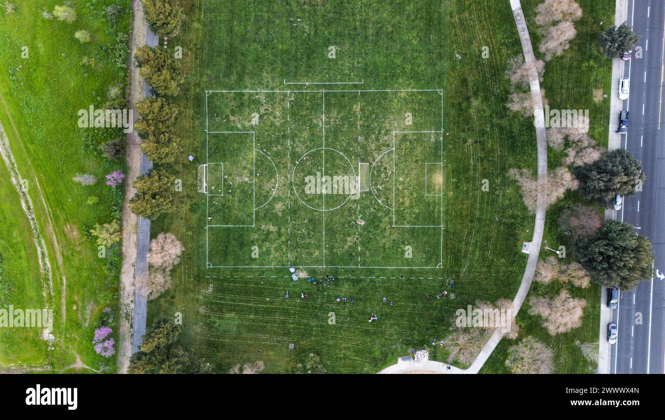 An aerial view of a park soccer field in Elk Grove, CA. Stock Photo