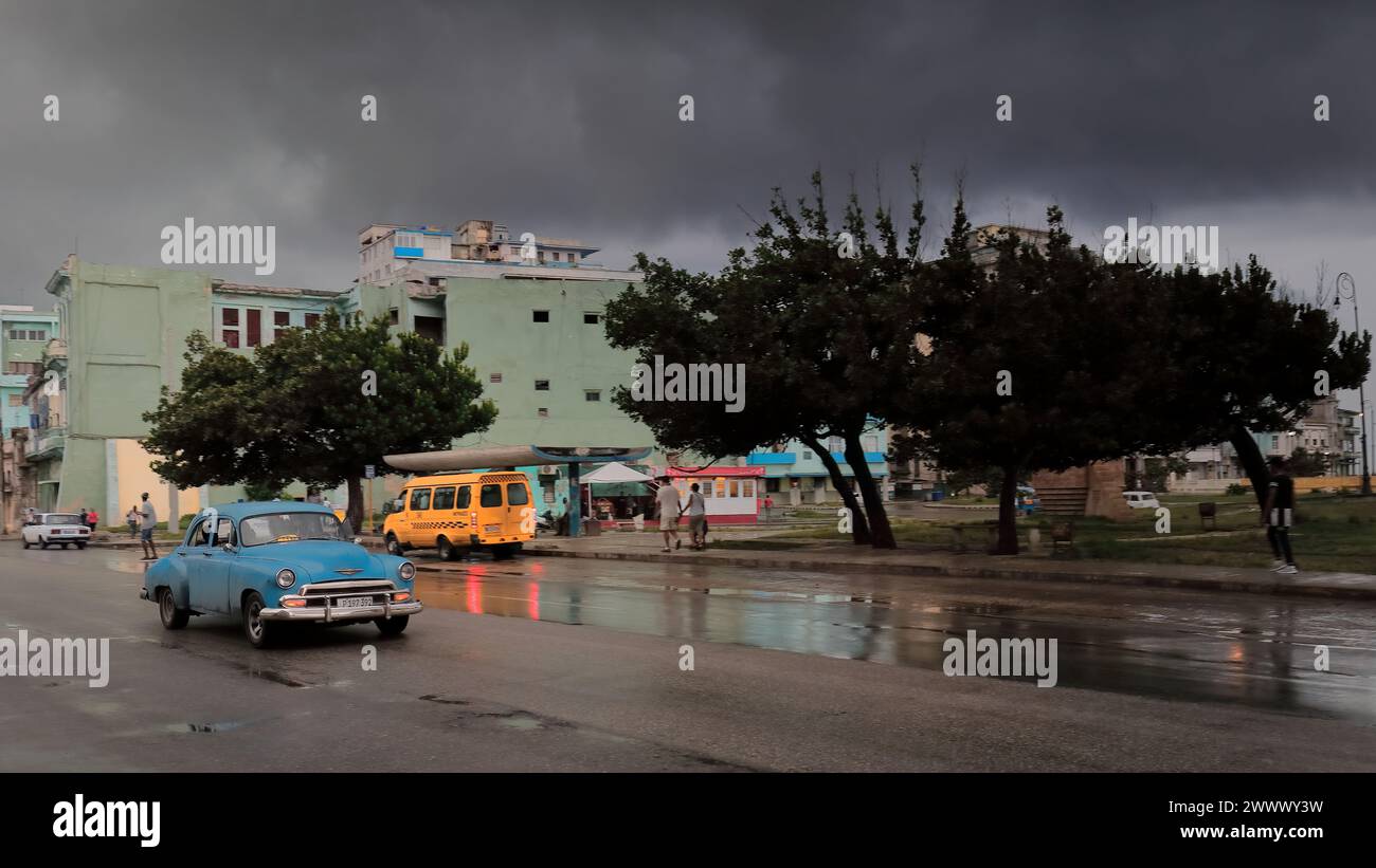 120 Blackish skies over Antonio Maceo Park and San Lazaro Street after heavy downpour, menace of a storm to come in the evening. Havana Centro-Cuba. Stock Photo