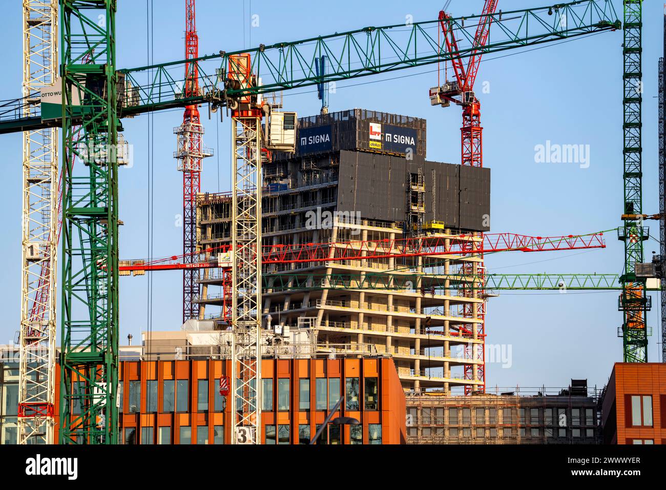 Construction sites in the east of Hafencity Hamburg, office building, Elbtower, new district on the Elbe, on the site of the former free port, residen Stock Photo