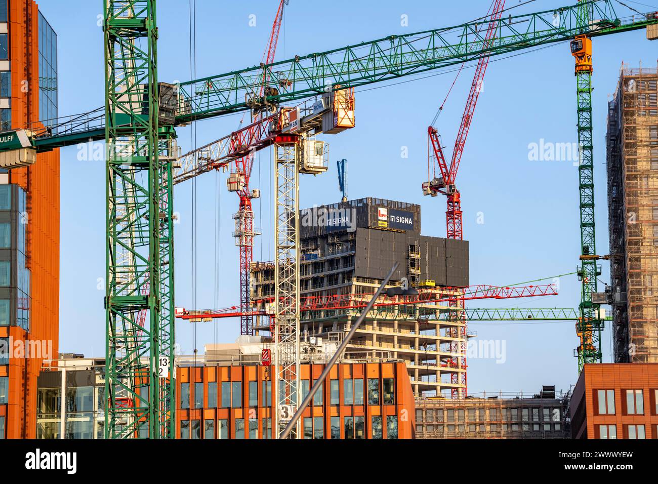 Construction sites in the east of Hafencity Hamburg, office building, Elbtower, new district on the Elbe, on the site of the former free port, residen Stock Photo