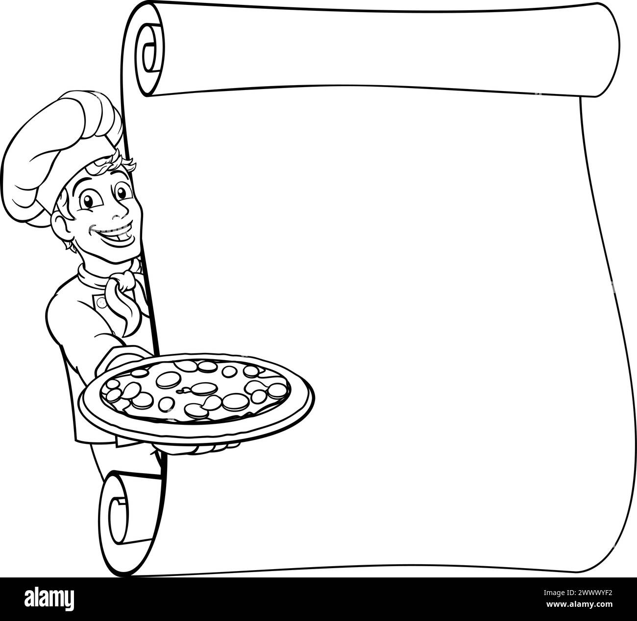 Pizza Chef Cartoon Man Scroll Menu Sign Background Stock Vector