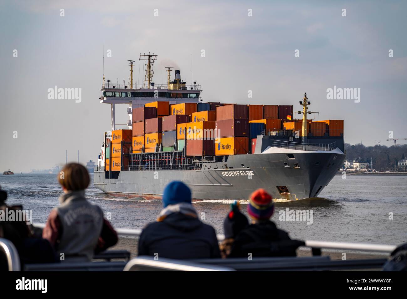Trip with the Hadag Hafenfährer on the Elbe, shortly before Finkenwerder, feeder ship Neuenfelde, Hamburg, Germany Stock Photo