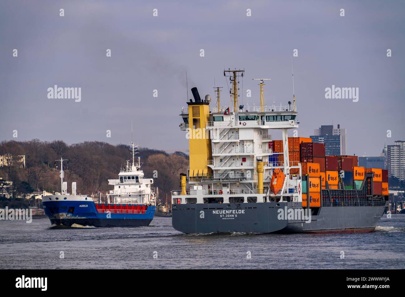 Cargo ships, container ships, feeder ships, on the Elbe, Hamburg, Germany Stock Photo