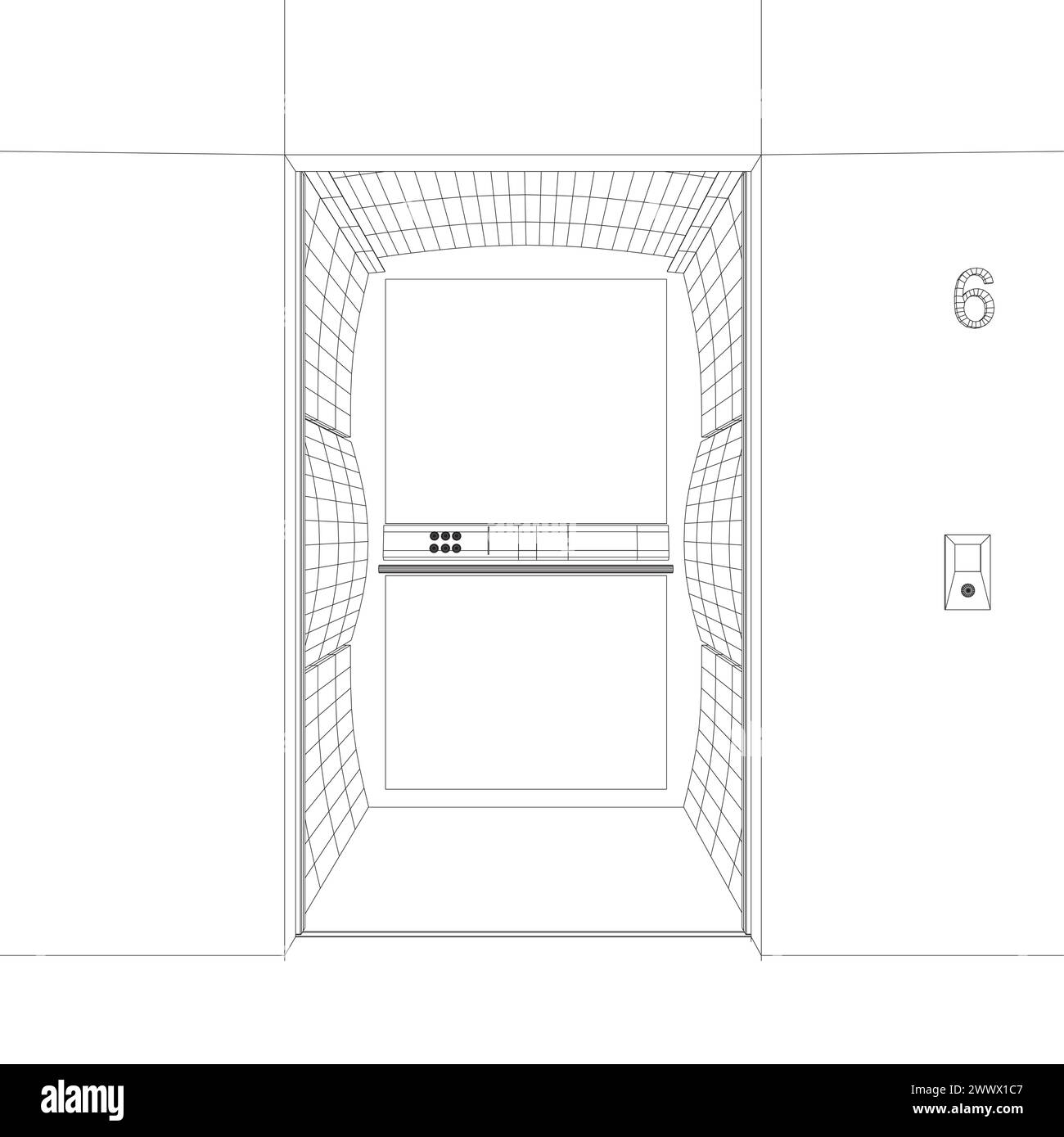 Open elevator wireframe interior isolated, vector Wireframe open elevator doors. Front view door vector illustration. Elevator Empty Open Door. 3D. Stock Vector
