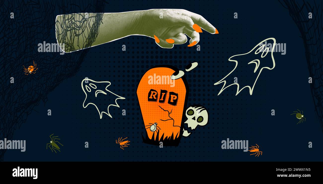 Collage elements hand palm, pumpkin, eyes, ghosts, graves, coffins. Halloween halftone zombie hands. Decoration banner for 31 Oktober events. Trendy Stock Vector