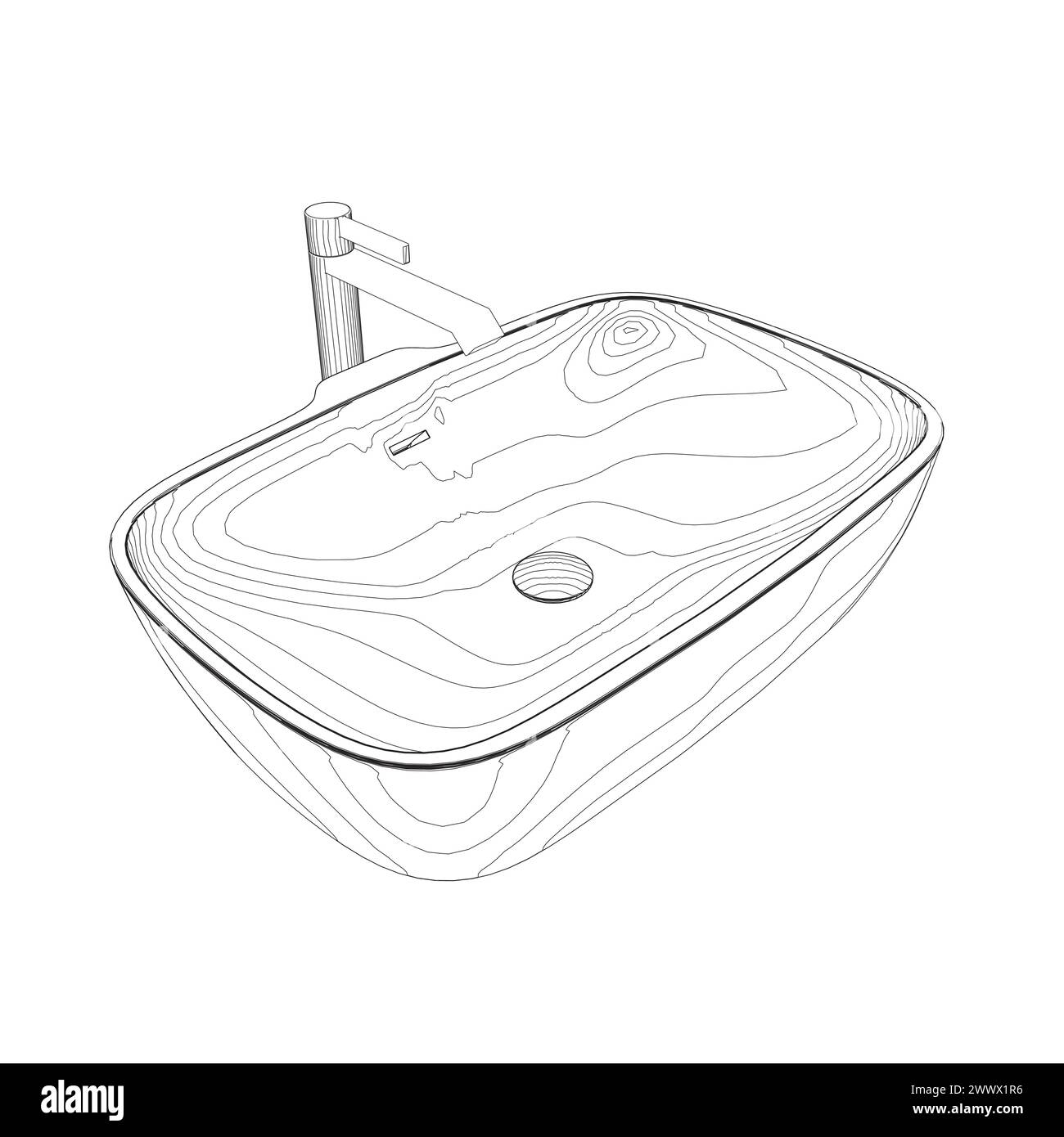 Bathroom sink with tap line drawing on white isolated background. Vector illustration. Stock Vector