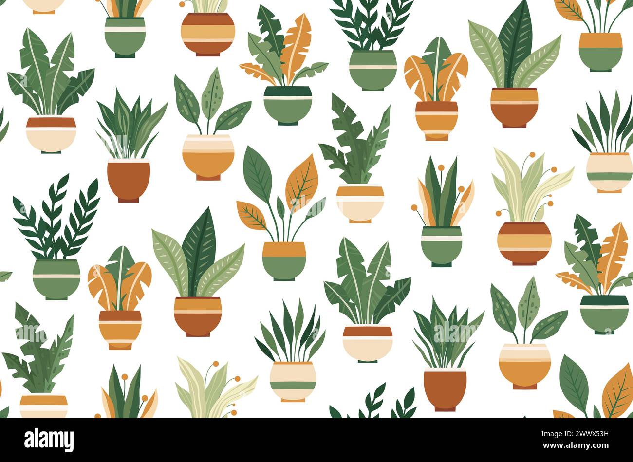 Vector pattern with flat hand drawn house plants in various pots on a ...