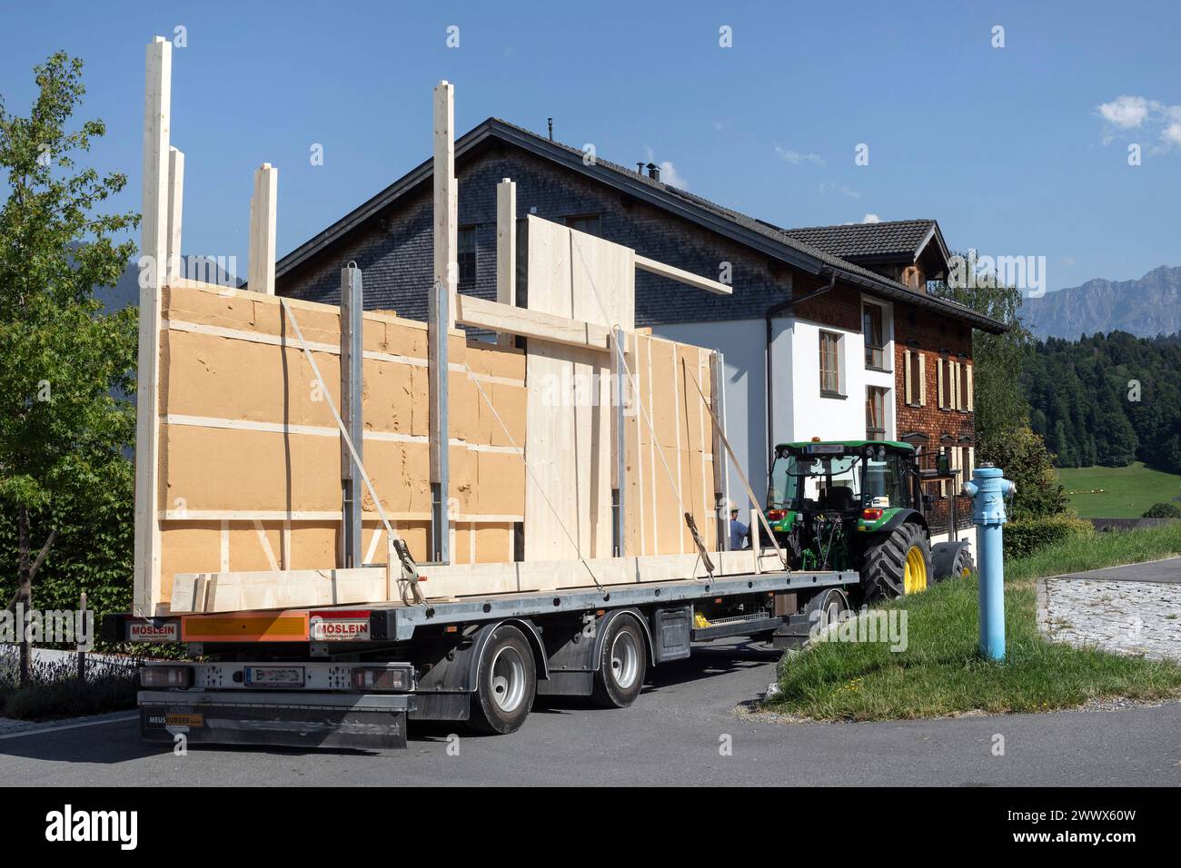 Solid Wood Components For House Construction, Transportation Stock Photo
