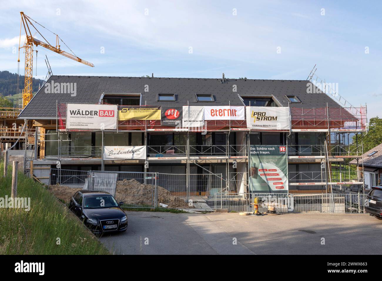 Residential Construction, Building Boards In Schwarzenberg Im Bregenzerwald, Vorarlberg, Austria Stock Photo