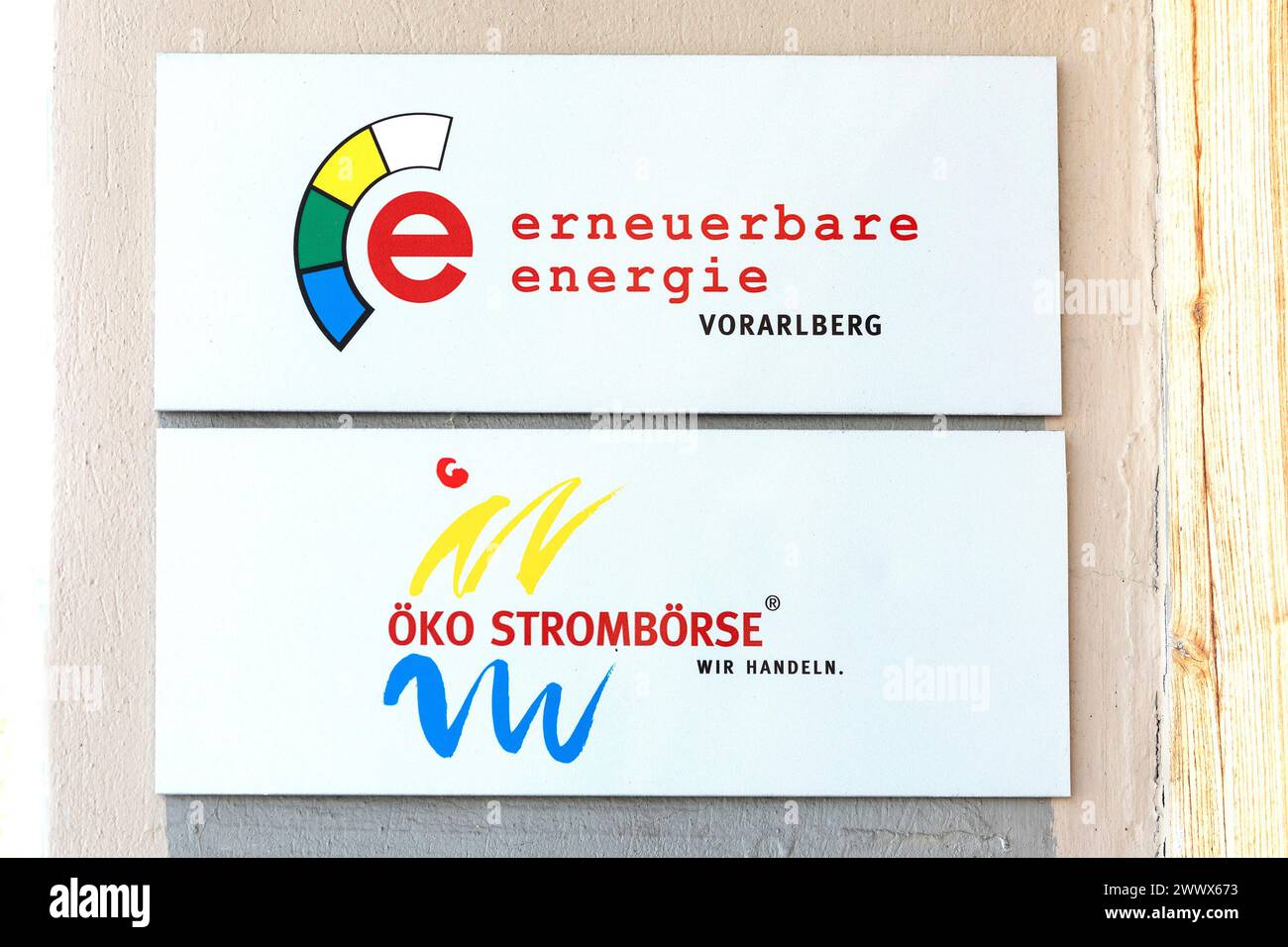 Signs, Renewable Energy And Eco Power Exchange In Alberschwende In The Bregenzerwald, Vorarlberg, Austria Stock Photo