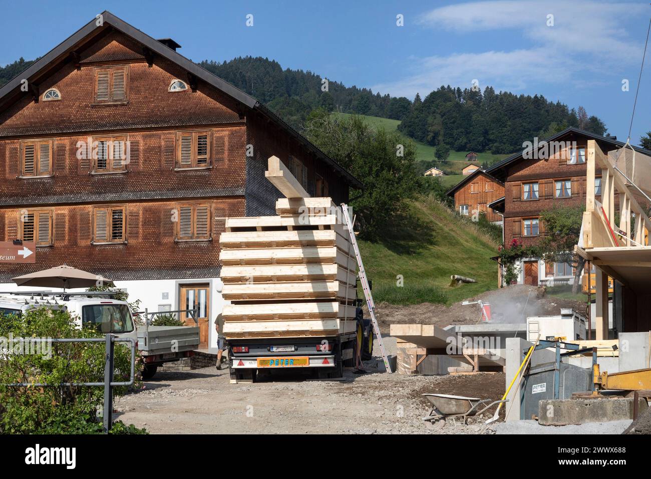 Solid Wood Components For House Construction, Transportation Stock Photo