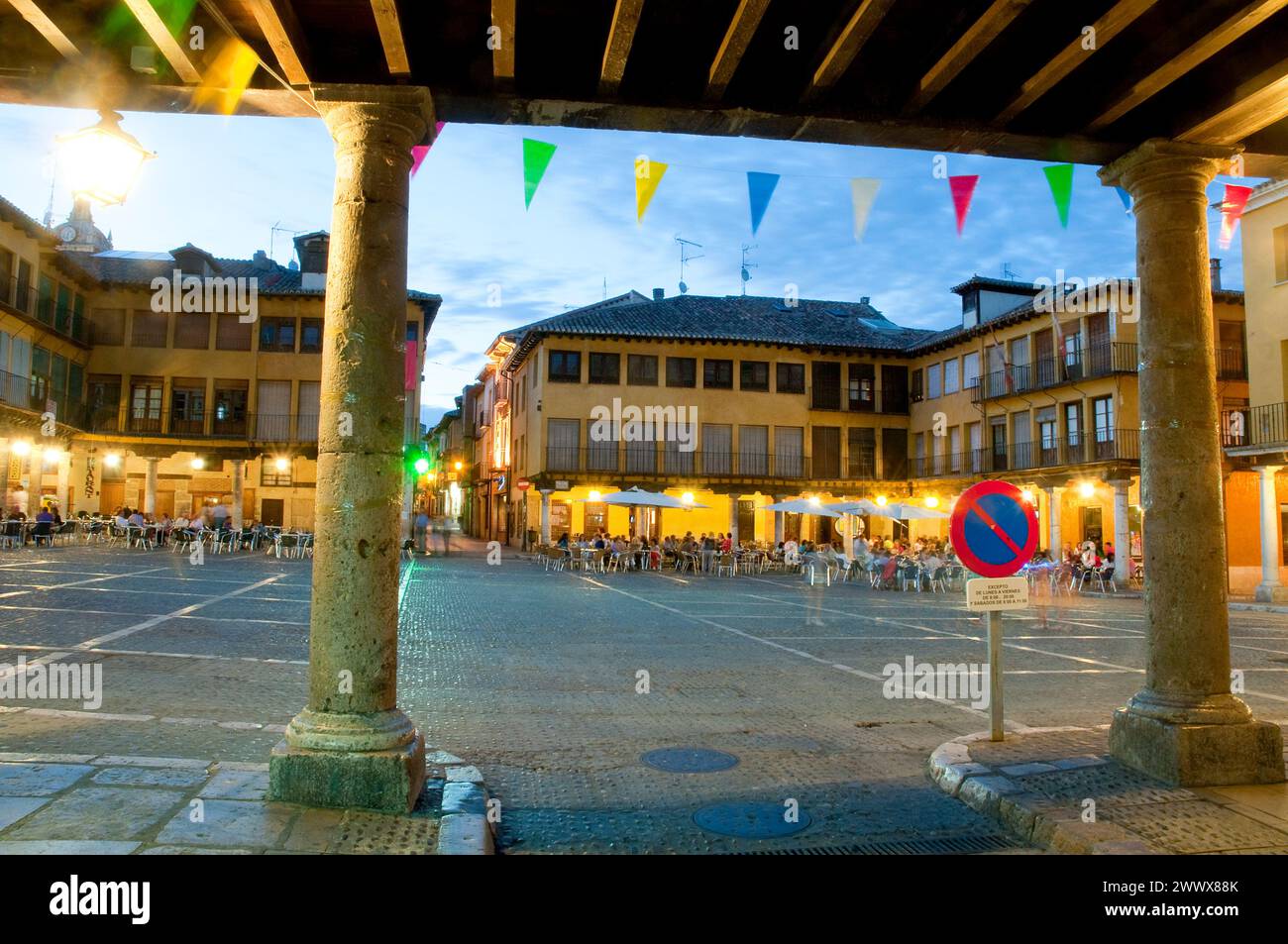 Plaza Mayor at night, view from the arcade. Tordesillas, Valladolid province, Castilla Leon, Spain. Stock Photo