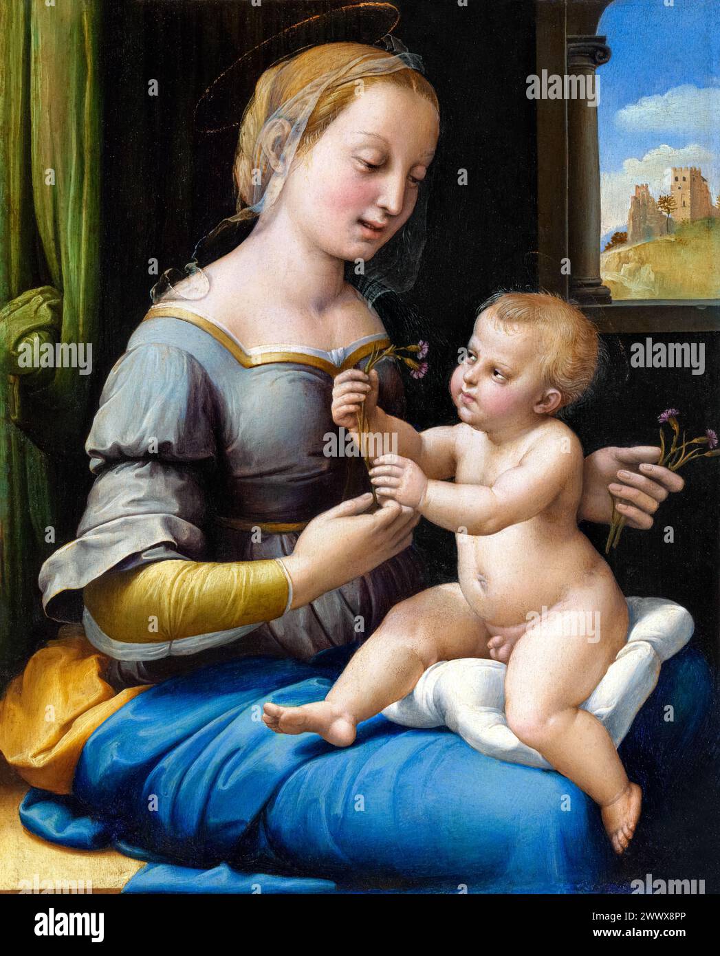 Raphael's The Madonna of the Pinks (ca. 1506–1507) famous painting. Original from Wikimedia Commons. Stock Photo